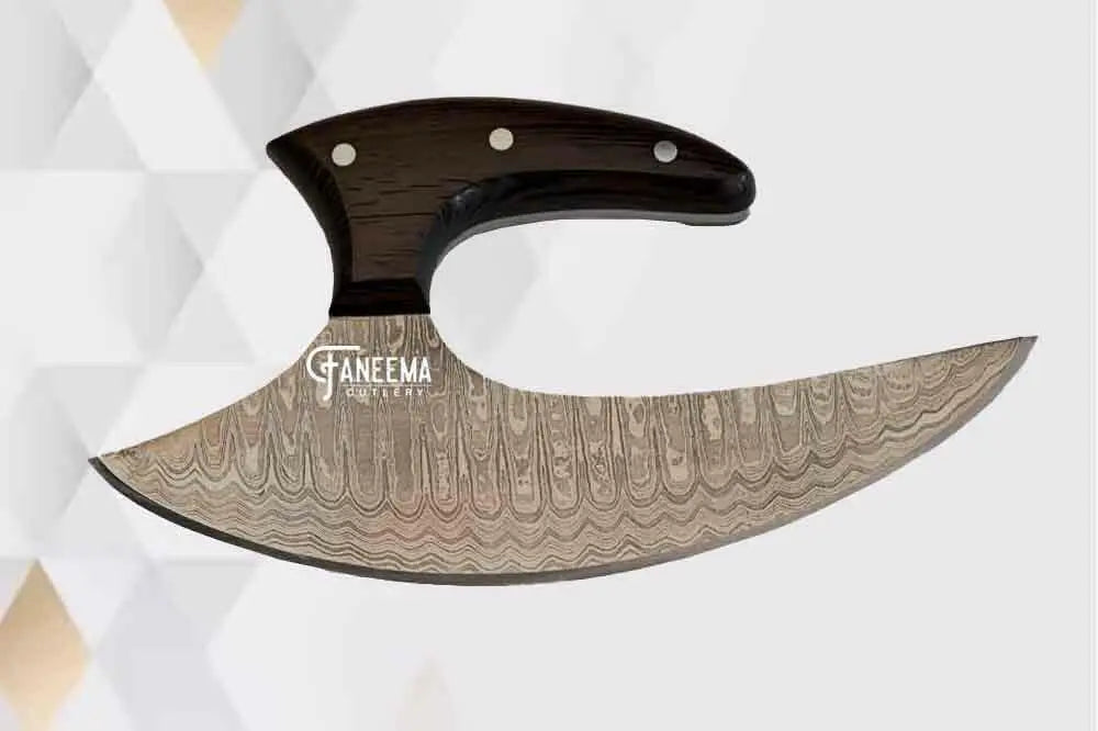 Faneema Cutlery ulu knife featuring an elegant curved chopping knife blade with a dark wooden handle