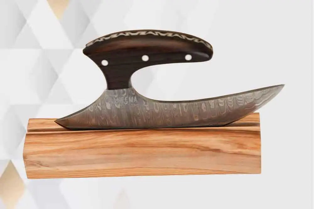 Faneema Cutlery elegant curved chopping knife Ulu knife with dark wooden handle on wooden block