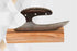 Faneema Cutlery elegant curved chopping knife Ulu knife with dark wooden handle on wooden block