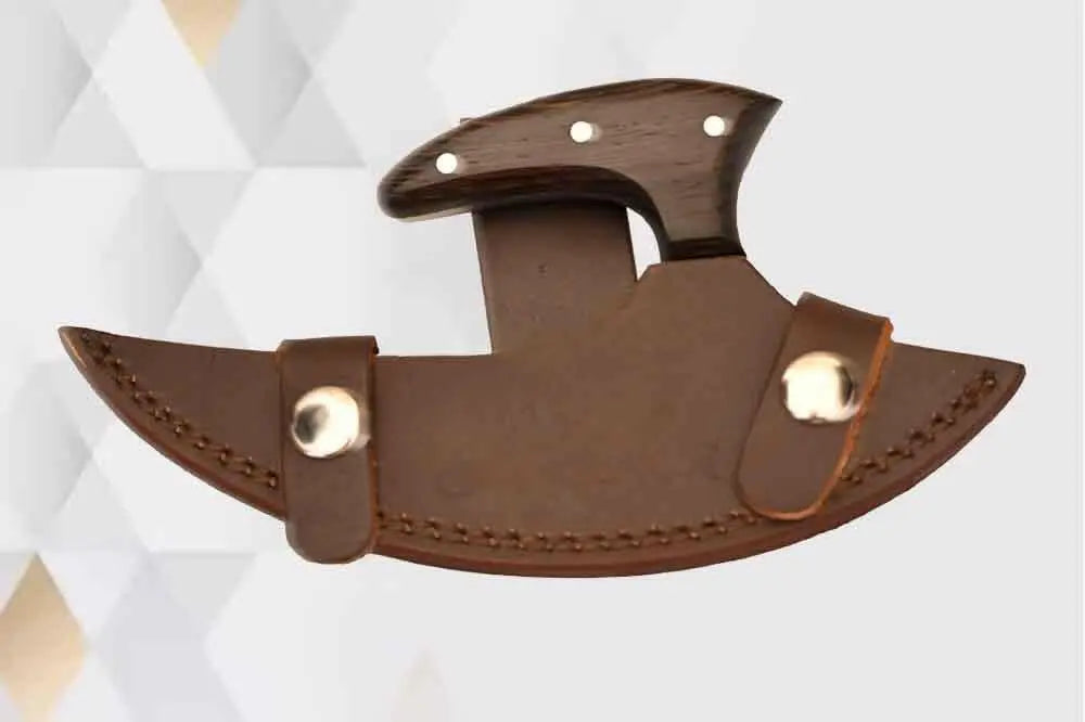Faneema Cutlery ulu knife with leather sheath featuring an elegant curved chopping knife design