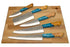 Faneema Cutlery Turquoise kitchen knife set with hammered blades and wooden handles on wooden cutting board