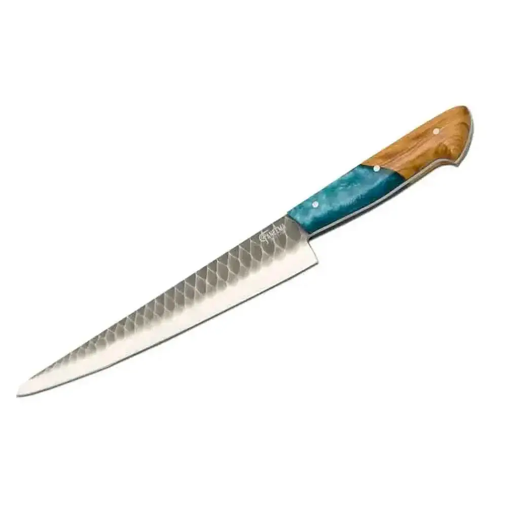 Sleek turquoise Damascus kitchen knife set with hammered blade and resin inlay