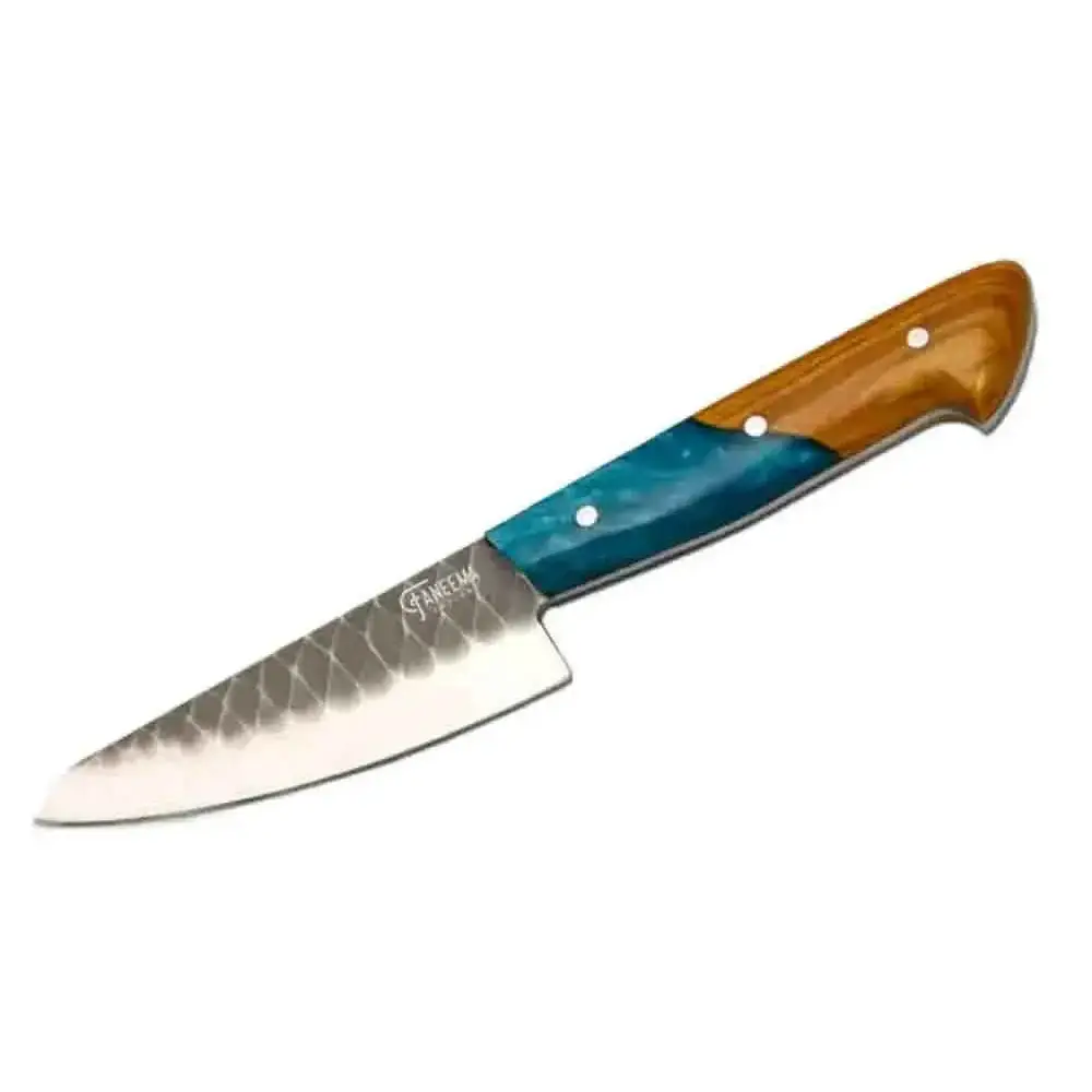 Turquoise damascus kitchen knife set with santoku blade and board