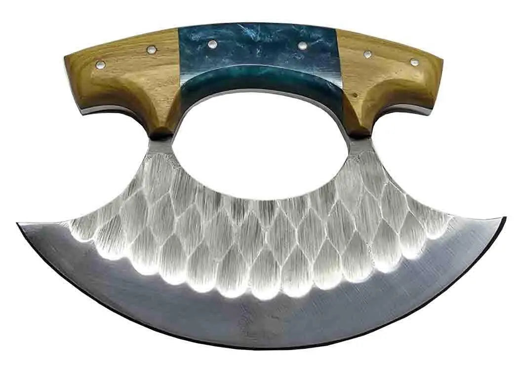 Faneema Cutlery versatile ulu knife for meat and vegetables with wooden handle and hammered blade