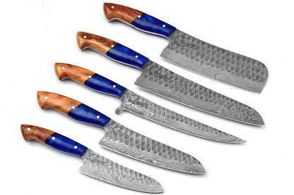 IKON | Knife Set | Beautiful Damascus Steel Blade | Blue Epoxy Resin & Olive Wood Handle | 5 Pcs - Faneema Cutlery