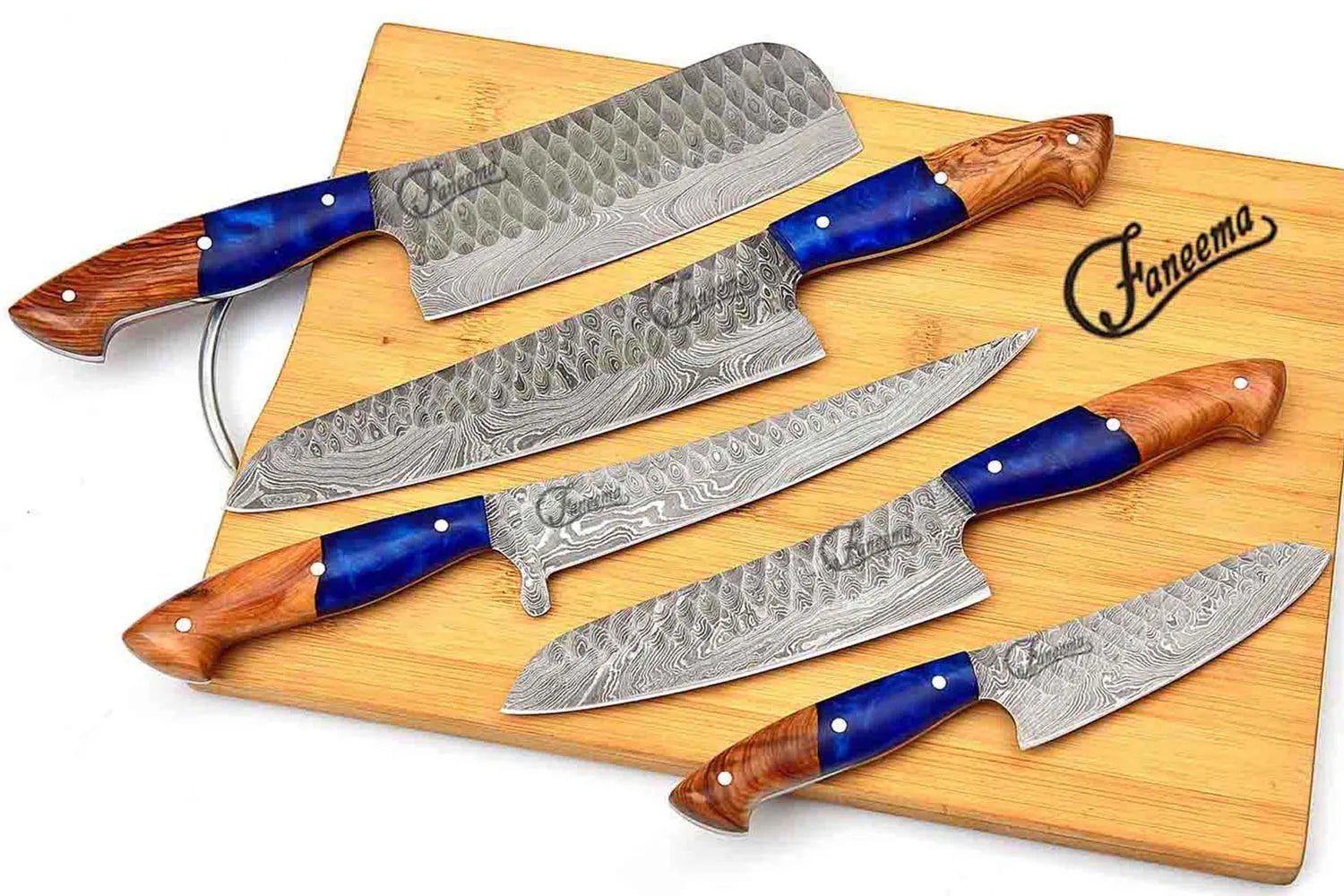 IKON | Knife Set | Beautiful Damascus Steel Blade | Blue Epoxy Resin & Olive Wood Handle | 5 Pcs - Faneema Cutlery