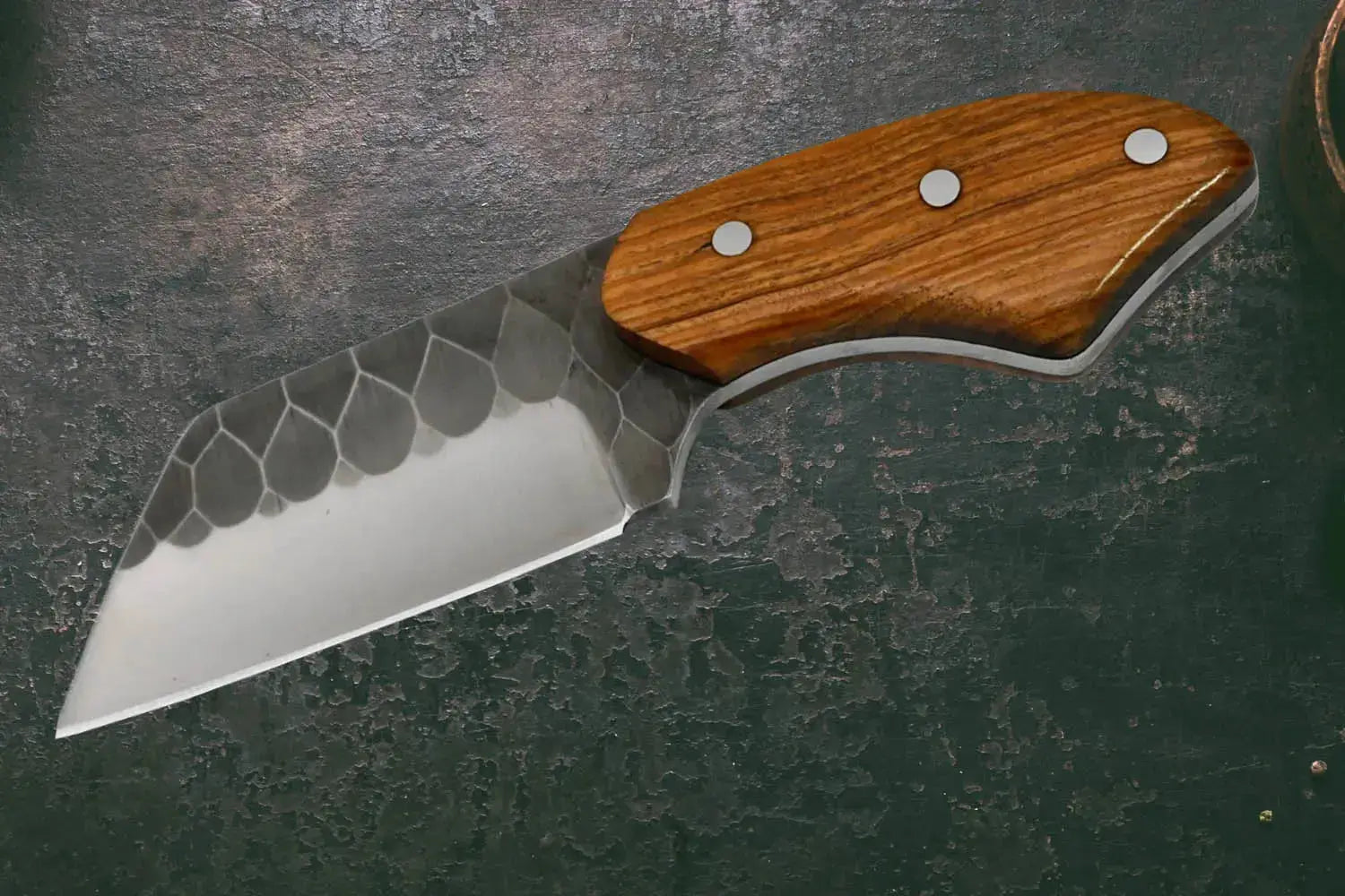 Faneema Cutlery custom handmade skinner knife with wooden handle and hammered steel blade